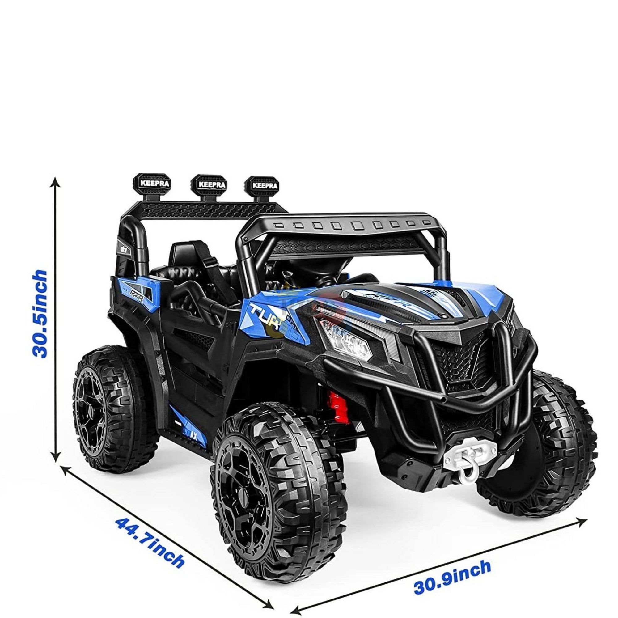 The black and blue Upgraded 12V Junior Sport Utility Ride On Buggy/UTV 4WD Edition features large wheels, a front grille, headlights, and measures 44.7L x 30.9W x 30.5H. It offers an adventurous ride with a parental remote control for added safety.