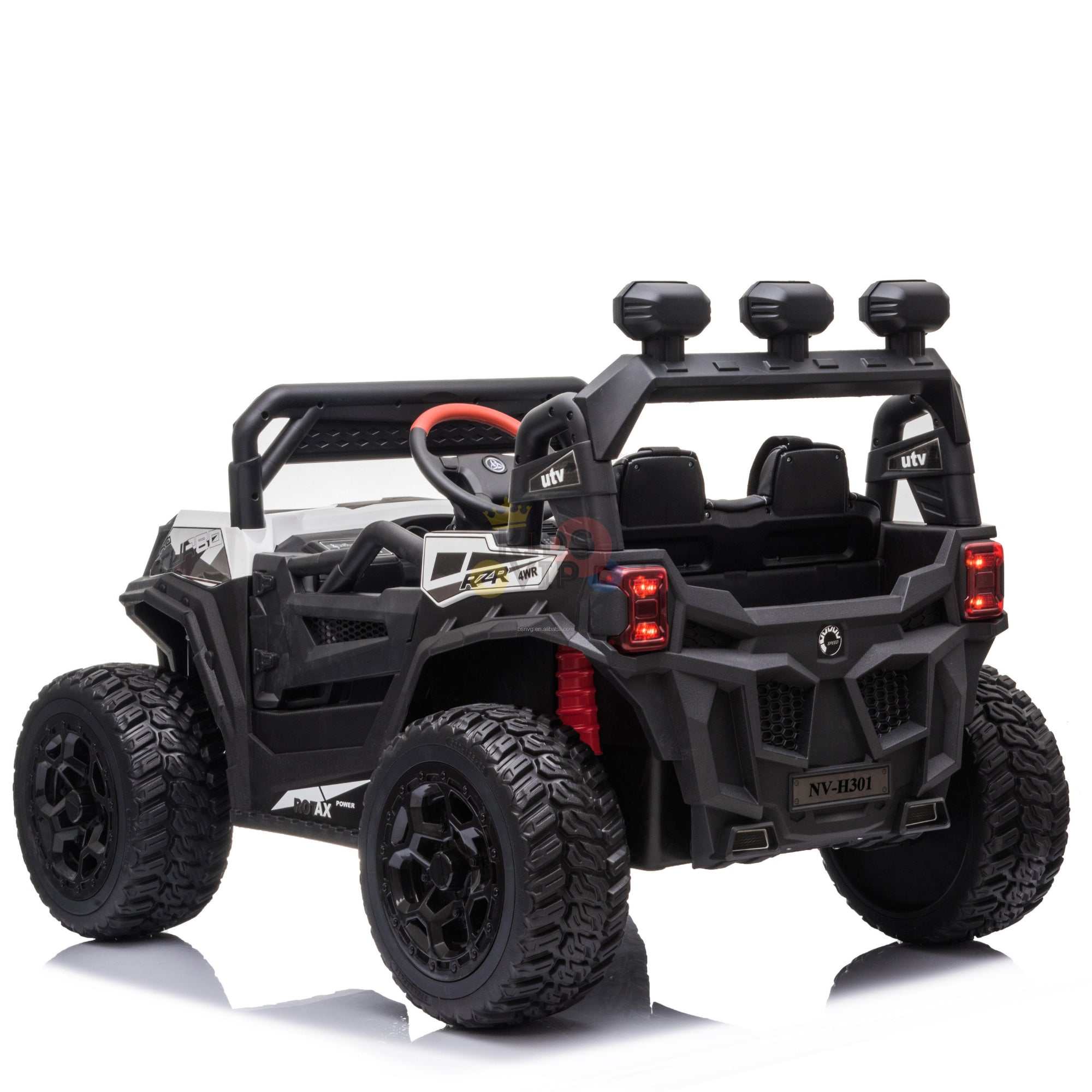 The Upgraded 12V Junior Sport Utility Ride On Buggy, 4WD Edition, features a black off-road design with four wheels, detailed lights, a roll cage, and a small steering wheel. Its showcased on a white background highlighting the rear and side. Remote control included.