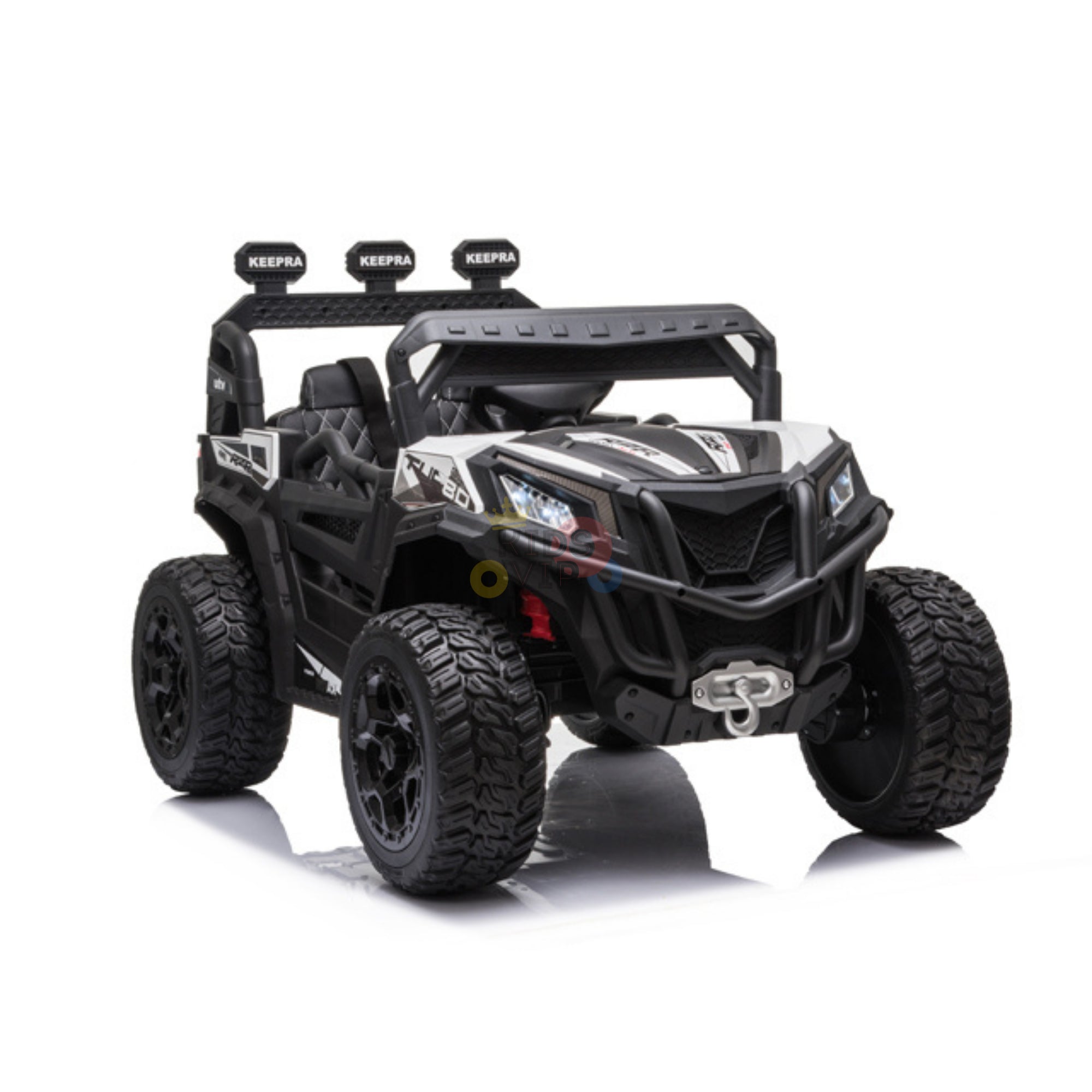 A black and gray Upgraded 12V Junior Sport Utility Ride On Buggy/UTV 4WD Edition features rugged tires, a sporty design, bold front detailing, and the word KEEPPA above the three visible headrests for a stylish touch.