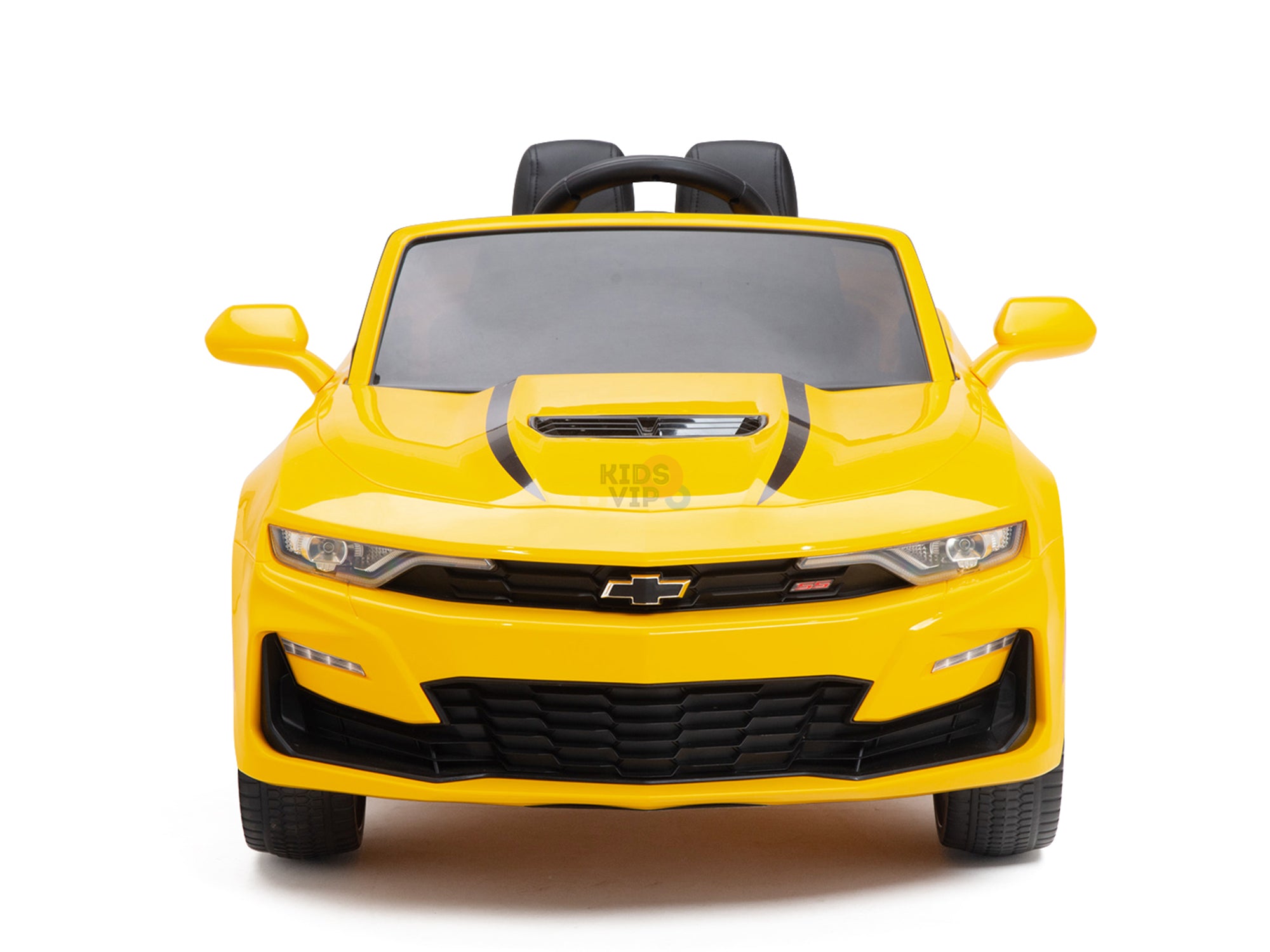 The Yellow 12V Official Sport Chevrolet Camaro Kids and Toddlers Ride-on Car offers realistic features like side mirrors, headlights, a logo on the grille, and black racing stripes. It’s perfect for kids and includes a parental remote for safety and fun.
