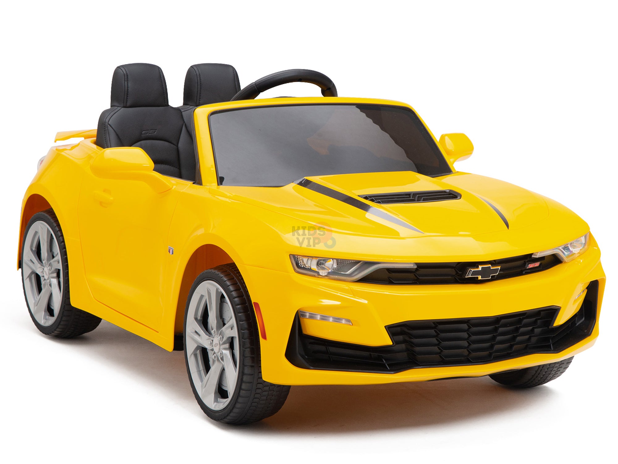 The Yellow 12V Official Sport Chevrolet Camaro Ride-on Car for kids features a sleek black interior, silver wheels, side mirrors, and a detailed grille. Enjoy parental control with the remote feature in this toy convertible closely resembling a real Camaro.