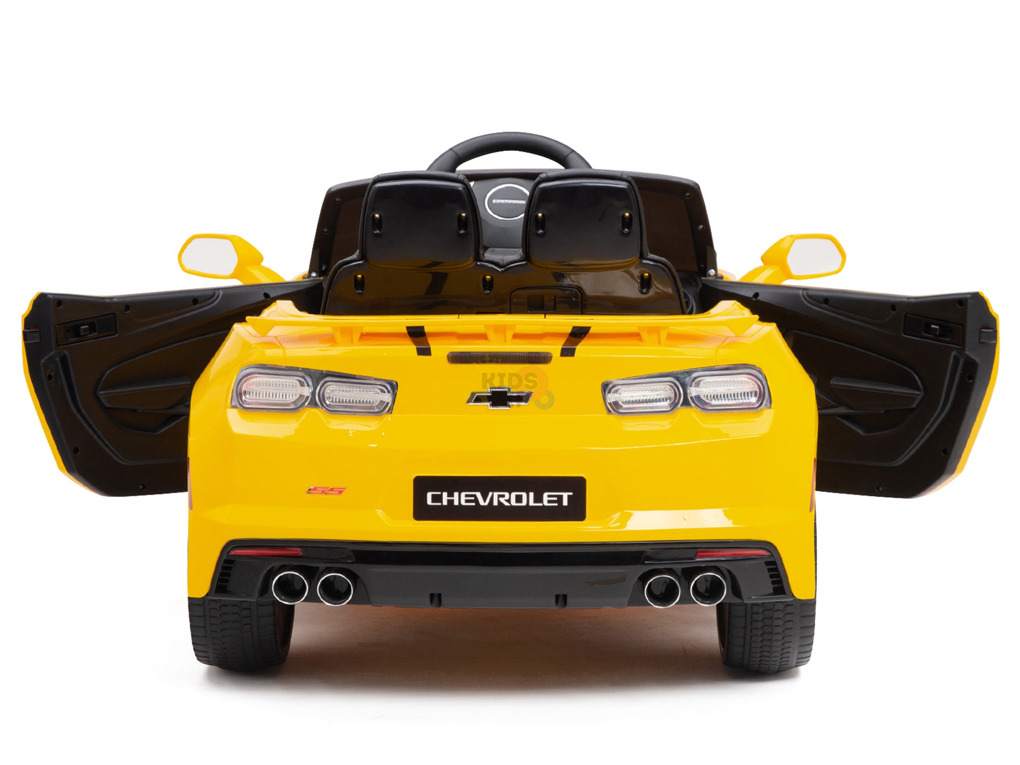 The Yellow 12V Official Sport Chevrolet Camaro Kids Ride-On Car, viewed from the rear, has open doors showing black seats, taillights, a spoiler, dual exhaust pipes, and branded badges. It includes a parental remote for added safety.