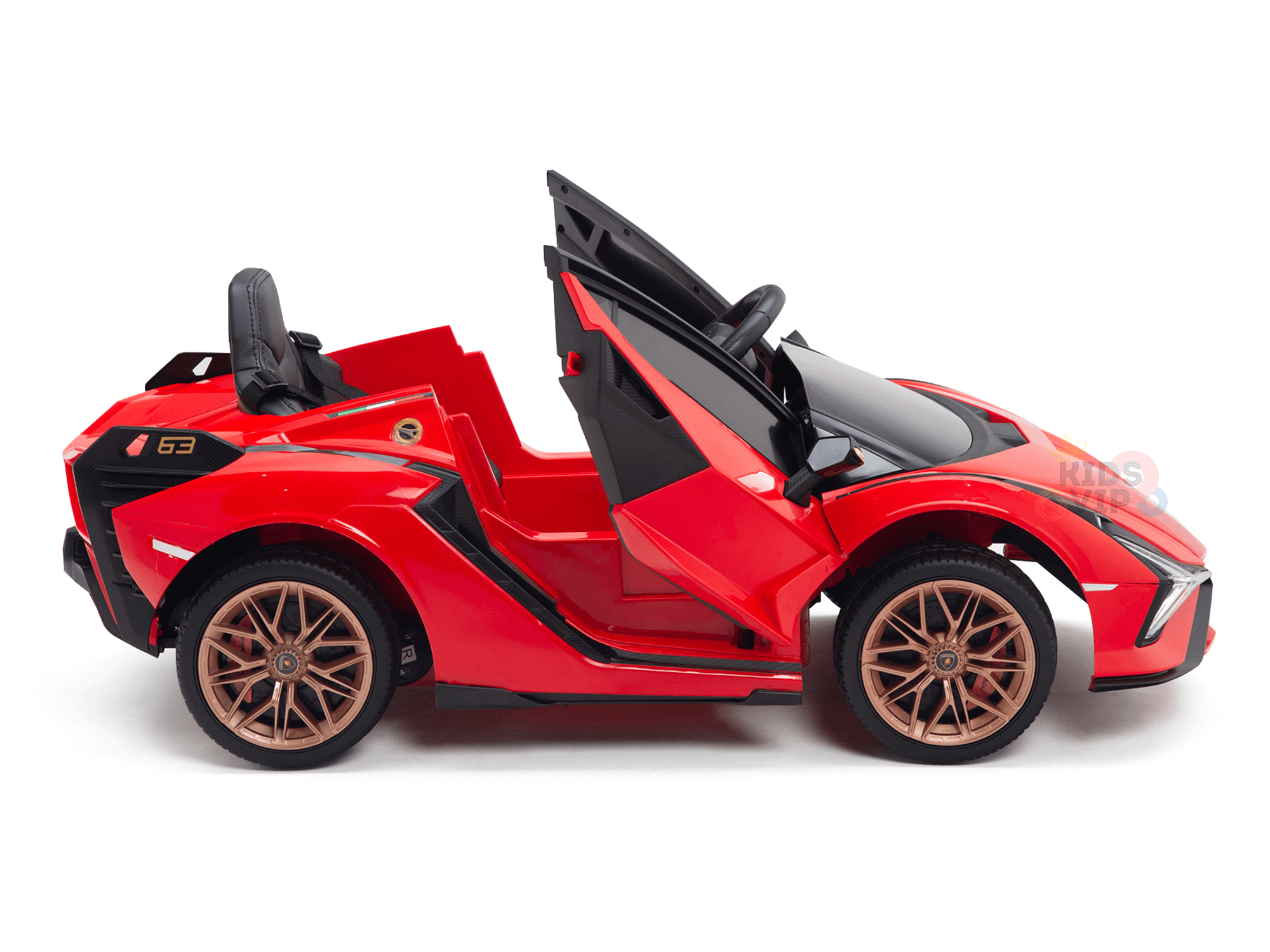 The Red Official 12V Sport Edition Lamborghini Sian Kids and Toddlers Ride On Car is a sleek, red toy car with butterfly doors, open top, detailed rims, black accents on the drivers seat and steering wheel, plus a parental remote control for safety.