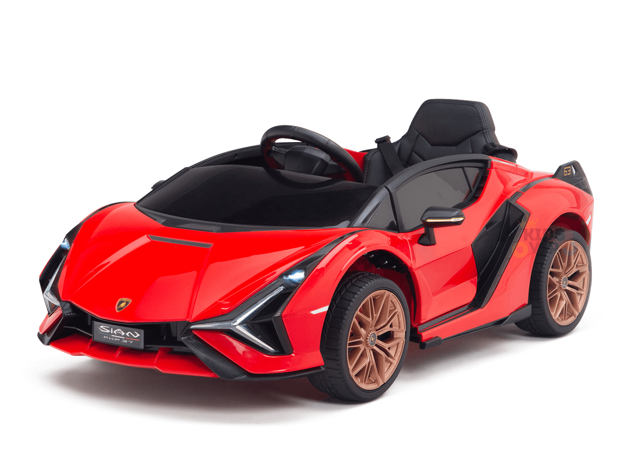 The Red Official 12V Sport Edition Lamborghini Sian Kids and Toddlers Ride On Car, featuring gold wheels, black seats, sleek design, butterfly doors, and detailed front grille, is perfect for kids. It also includes a parental remote for enhanced safety and control.