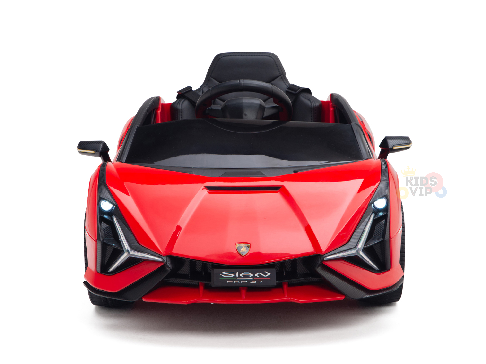 The Red Official 12V Sport Edition Lamborghini Sian Ride-On Car features butterfly doors, detailed headlights, a grille, and streamlined body. It includes black seats, steering wheel, Sian on the license plate, perfect for kids with a parental remote for extra safety.