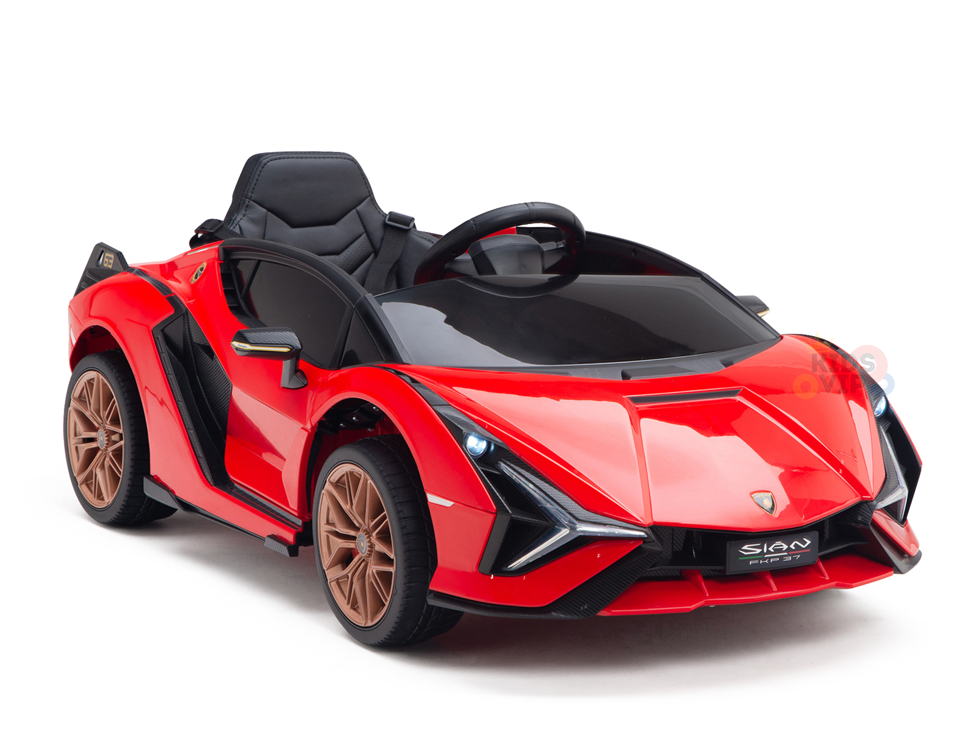 The Red Official 12V Sport Edition Lamborghini Sian Kids Ride On Car features a sleek design with bronze wheels, butterfly doors, and an open-top. It includes a black seat and steering wheel, providing a thrilling drive for kids while parents ensure safety via the remote control.