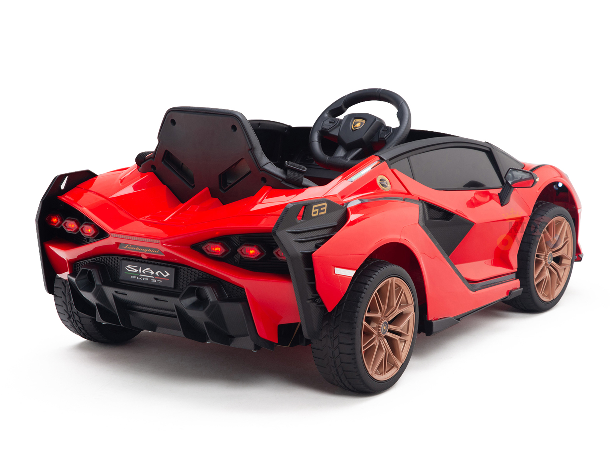 The Red Official 12V Sport Edition Lamborghini Sian Kids and Toddlers Ride On Car features a red design with black accents, brown wheels, detailed taillights, butterfly doors, a steering wheel viewed from the back, and a parental remote for added control.