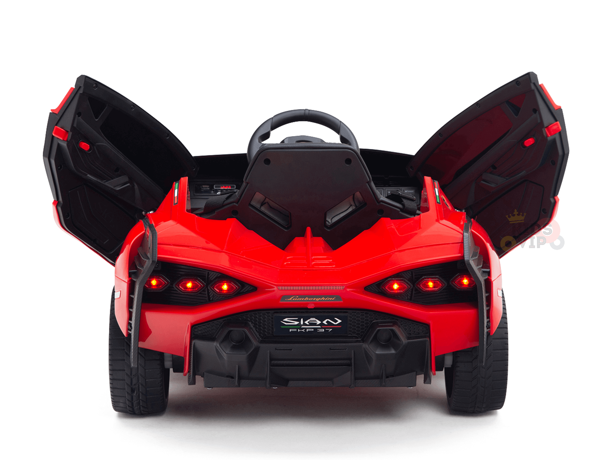 A red Official 12V Sport Edition Lamborghini Sian kids ride-on car with butterfly doors open, seen from the rear, resembles a sports model with detailed taillights, visible steering wheel, black interior accents, parental remote, and brand logo on the rear side.