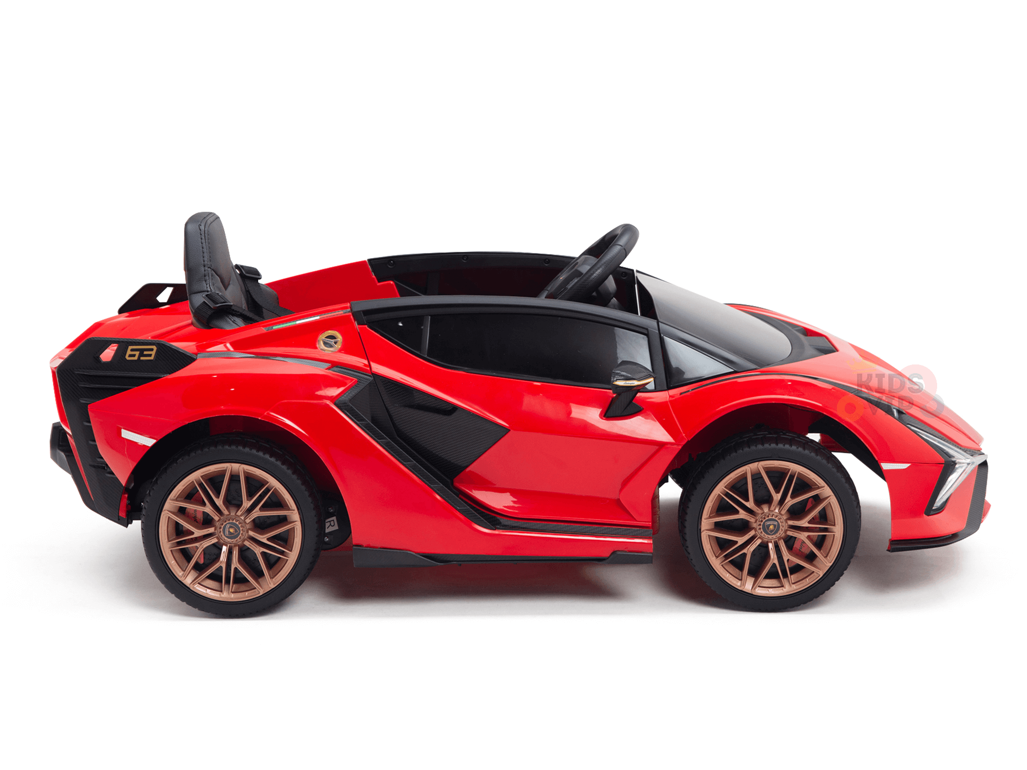The Red Official 12V Sport Edition Lamborghini Sian Ride-On Car for kids features gold rims, black accents, visible side mirrors, butterfly doors, a small drivers seat, and aerodynamic design. Parents can control it remotely while little drivers enjoy the thrill of this stylish ride.