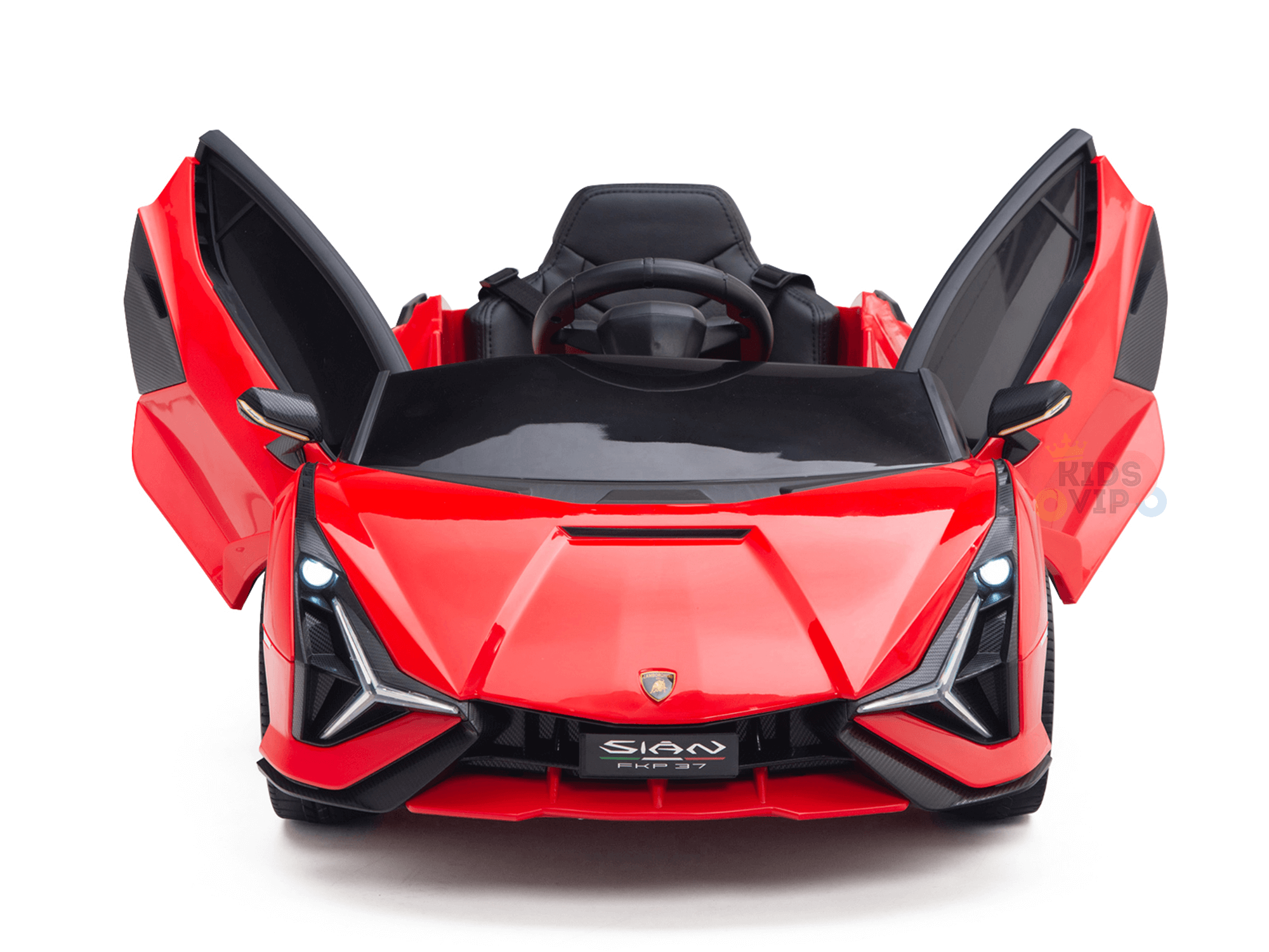 The Red Official 12V Sport Edition Lamborghini Sian Kids Ride On Car showcases butterfly doors, a sleek design, black detailing on the steering wheel and sporty seat, angular headlights upfront, and a logo on the bumper.