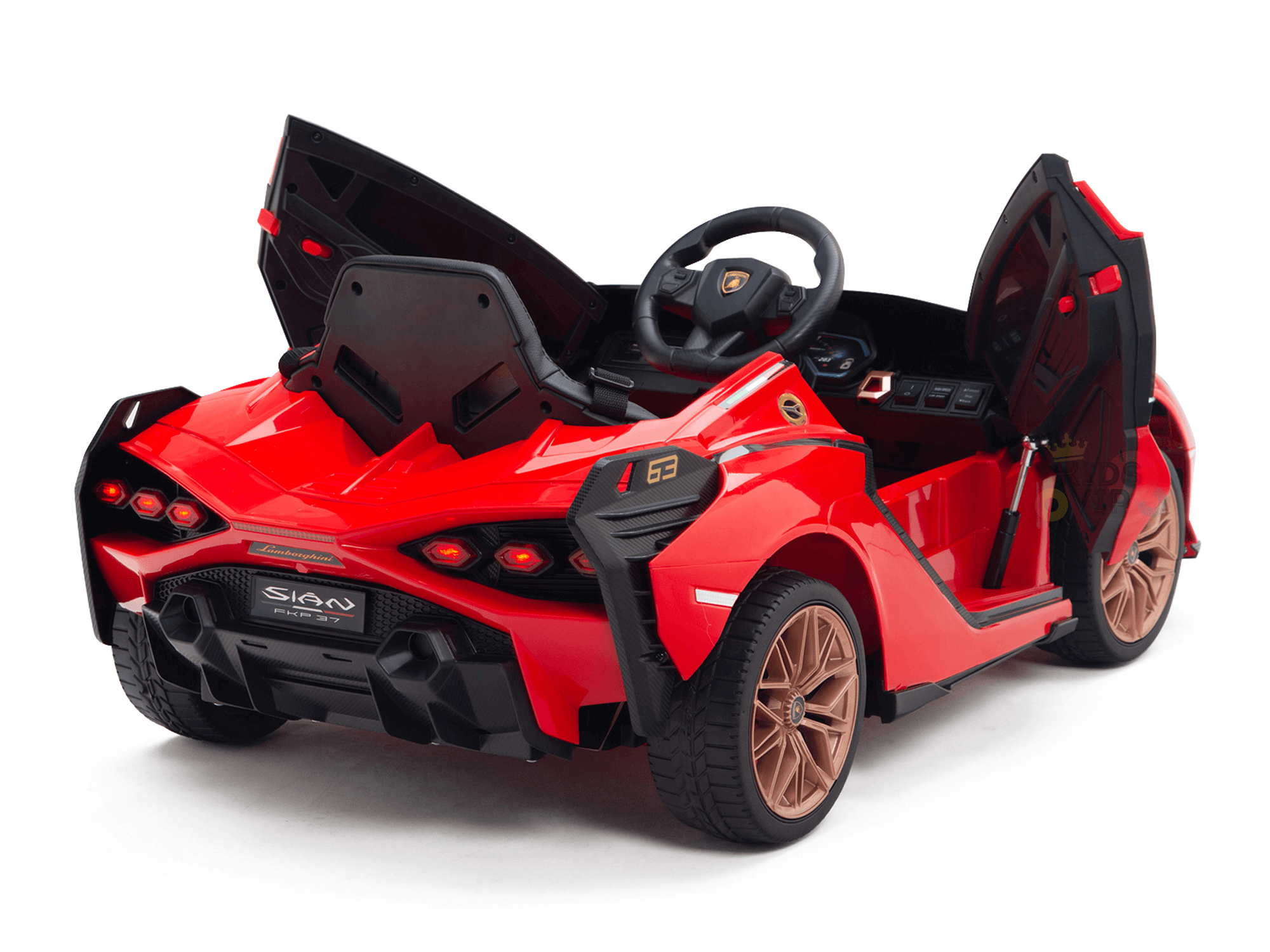 The Red Official 12V Sport Edition Lamborghini Sian Kids and Toddlers Ride On Car features butterfly doors, a black interior, bronze wheels, visible steering wheel and dashboard, with distinctive angular design elements and taillights at the rear.