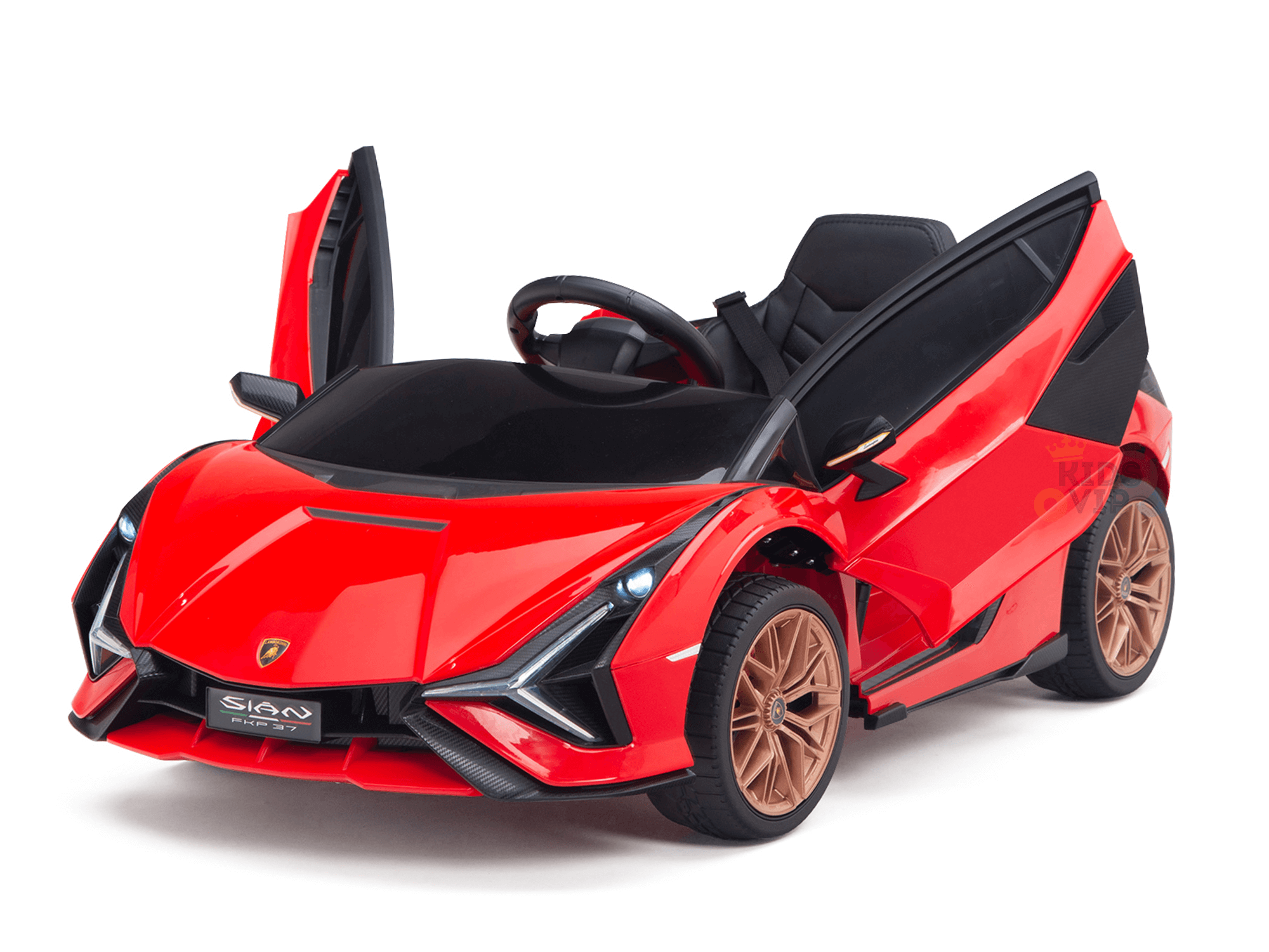 The Red Official 12V Sport Edition Lamborghini Sian Kids and Toddlers Ride On Car features butterfly doors, a sports car design with black accents, sleek lines, and brown wheels. Its interior resembles a luxury vehicle cockpit, complete with a seat and steering wheel. Includes a parental remote for control.