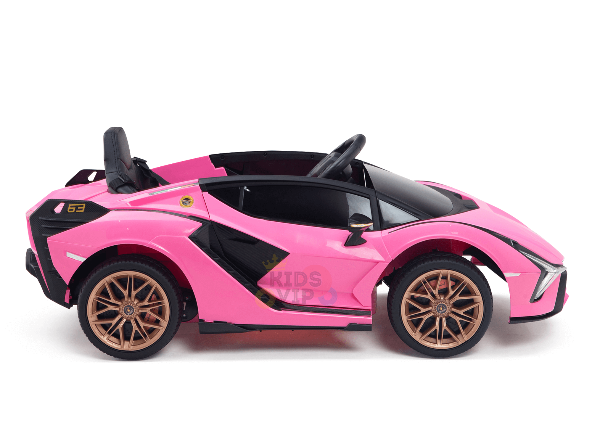 The Official 12V Sport Edition Lamborghini Sian Kids and Toddlers Ride On Car is a sleek, pink ride-on with gold wheels, a black interior, and an aerodynamic design like a luxury sports car.