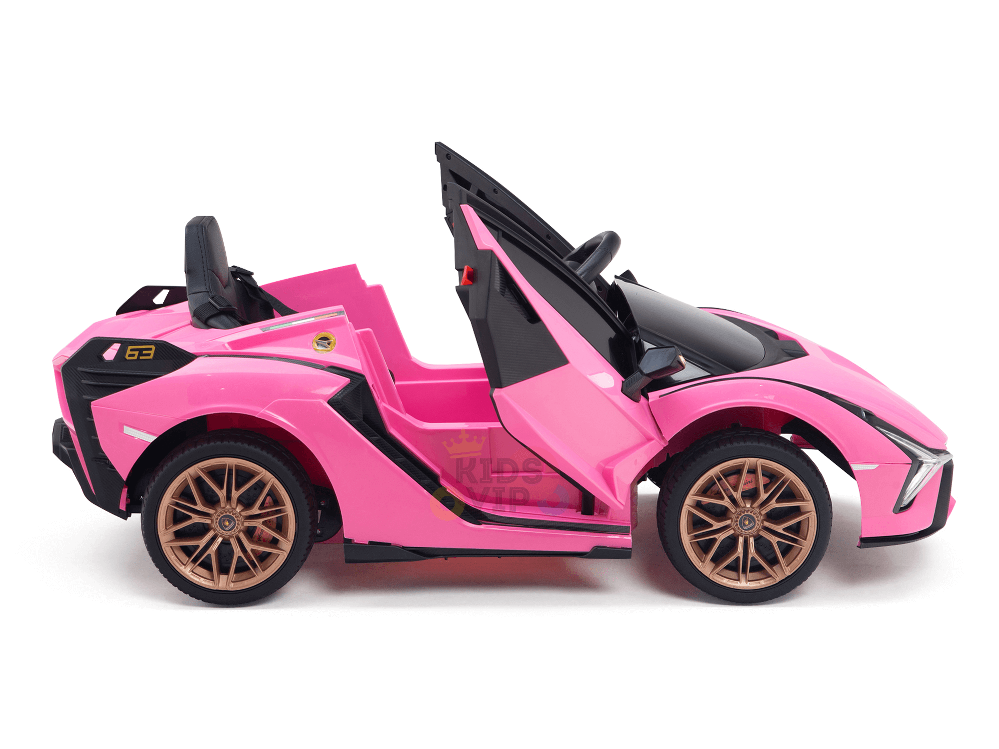 A pink Official 12V Sport Edition Lamborghini Sian Ride-On Car for kids and toddlers, featuring an open-top design, gold wheels, sleek black interior, and detailed styling on a white background.
