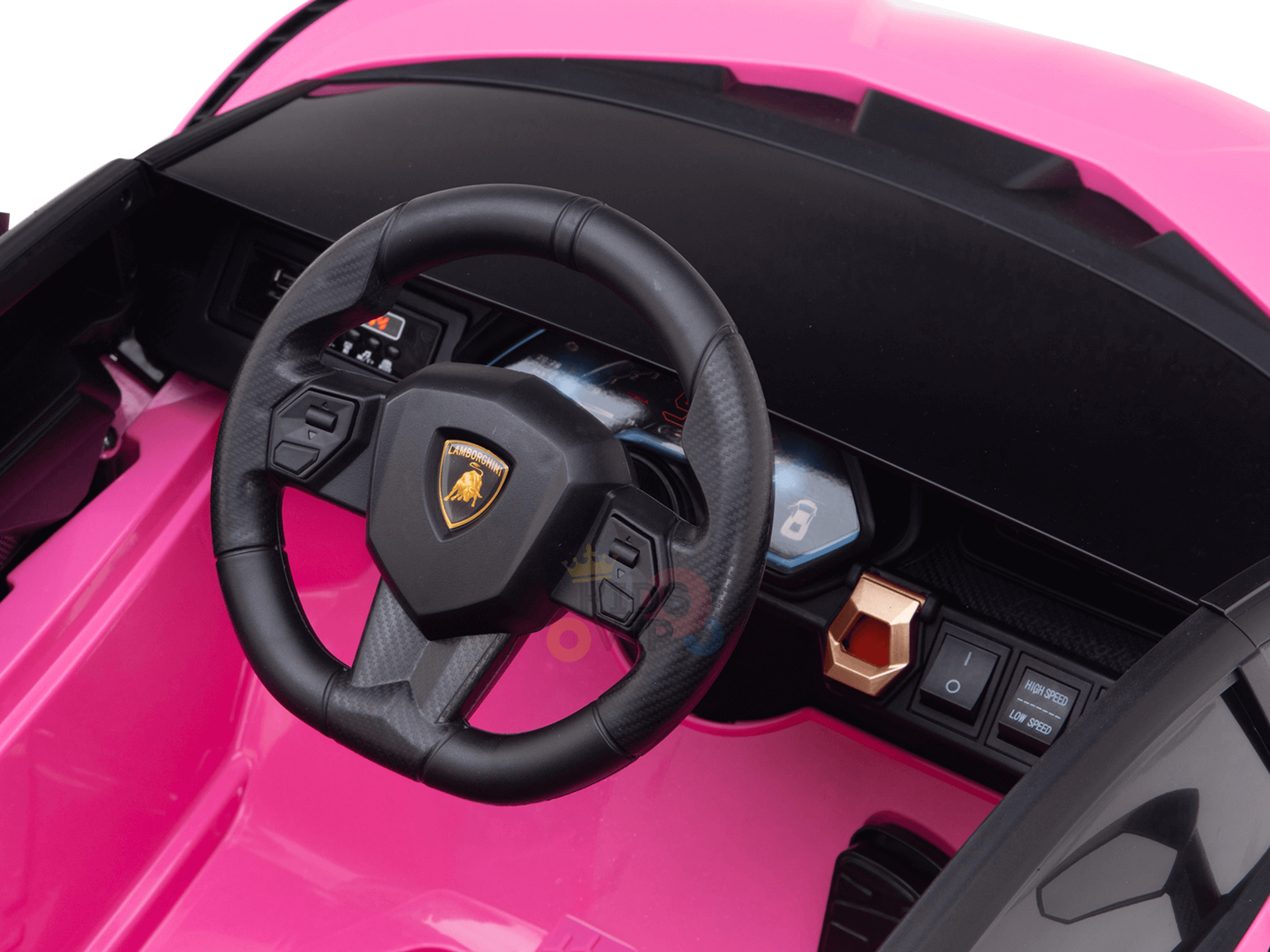 The Official 12V Sport Edition Lamborghini Sian Kids and Toddlers Ride On Car in pink features a black steering wheel with a logo, illustrated gauges, buttons on the dashboard, a start button, USB port, and minimalist plastic seats.