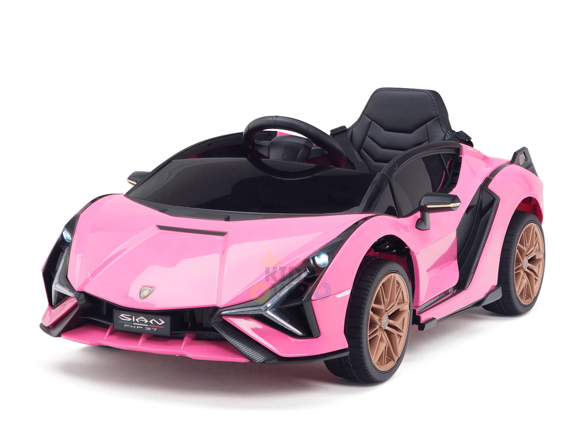 The Official 12V Sport Edition Lamborghini Sian Kids and Toddlers Ride On Car features a pink sporty design with black accents and beige wheels, a steering wheel, and a comfortable seat for an exhilarating drive.