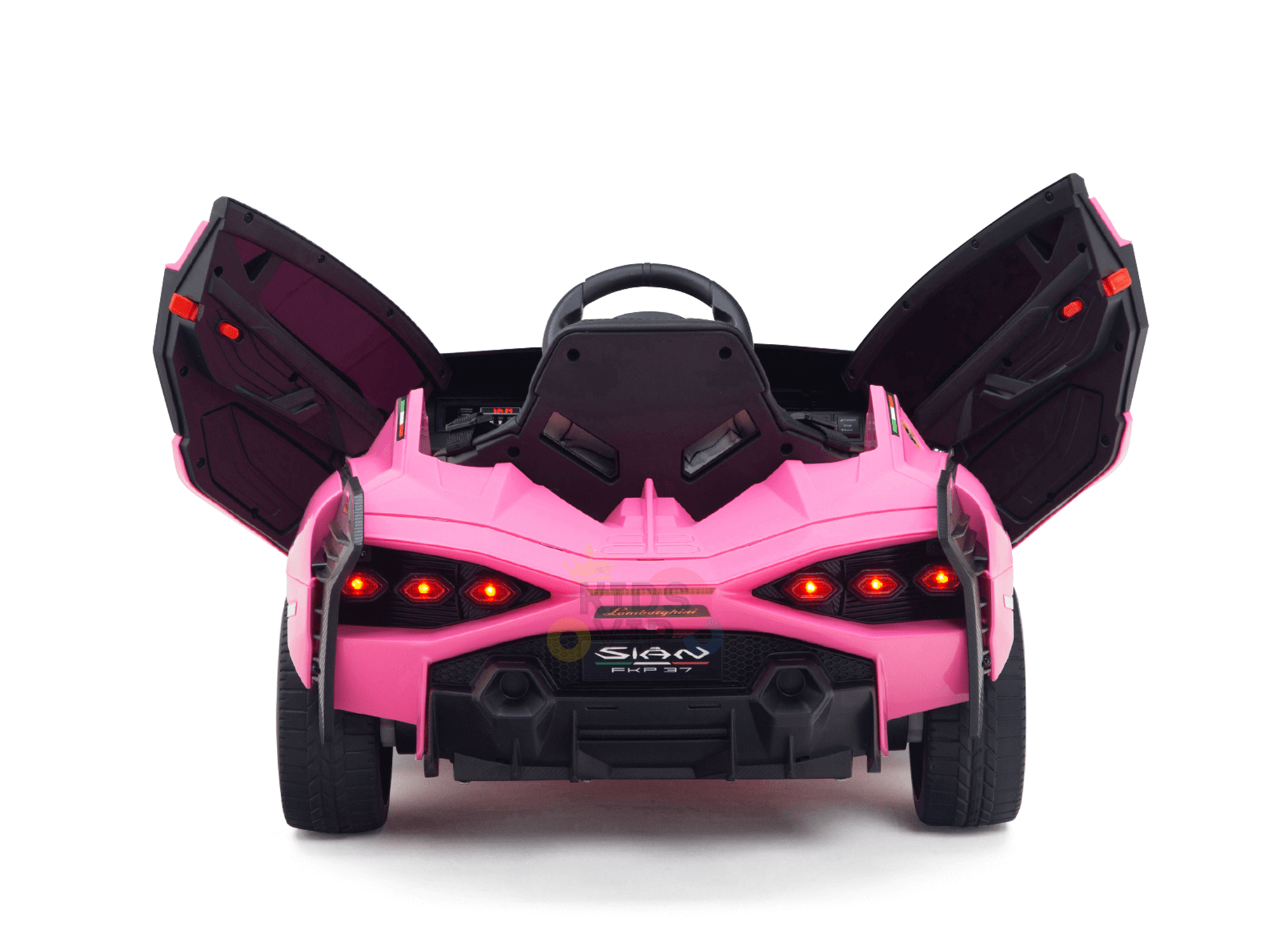 The Official 12V Sport Edition Lamborghini Sian Kids Ride-On Car boasts pink butterfly-style doors, vibrant red taillights, a steering wheel, and the prominent SISIGAD logo on a white backdrop. Powered by a 12V battery, it echoes the mini luxury design perfectly.