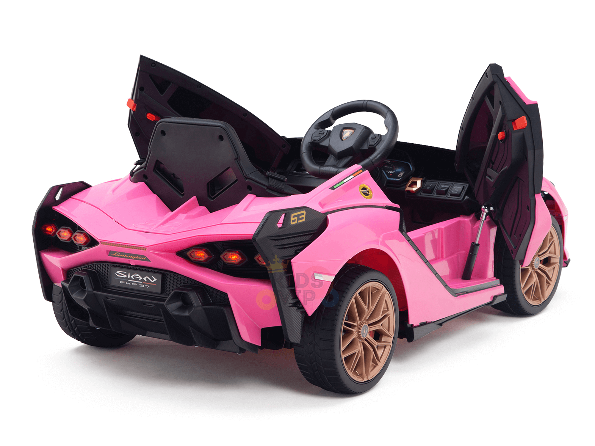 The Official 12V Sport Edition Lamborghini Sian Kids Ride-On Car features a pink exterior, open design, detailed headlights, sleek black interior, brown wheels, an open hood and doors with controls for an authentic driving experience.