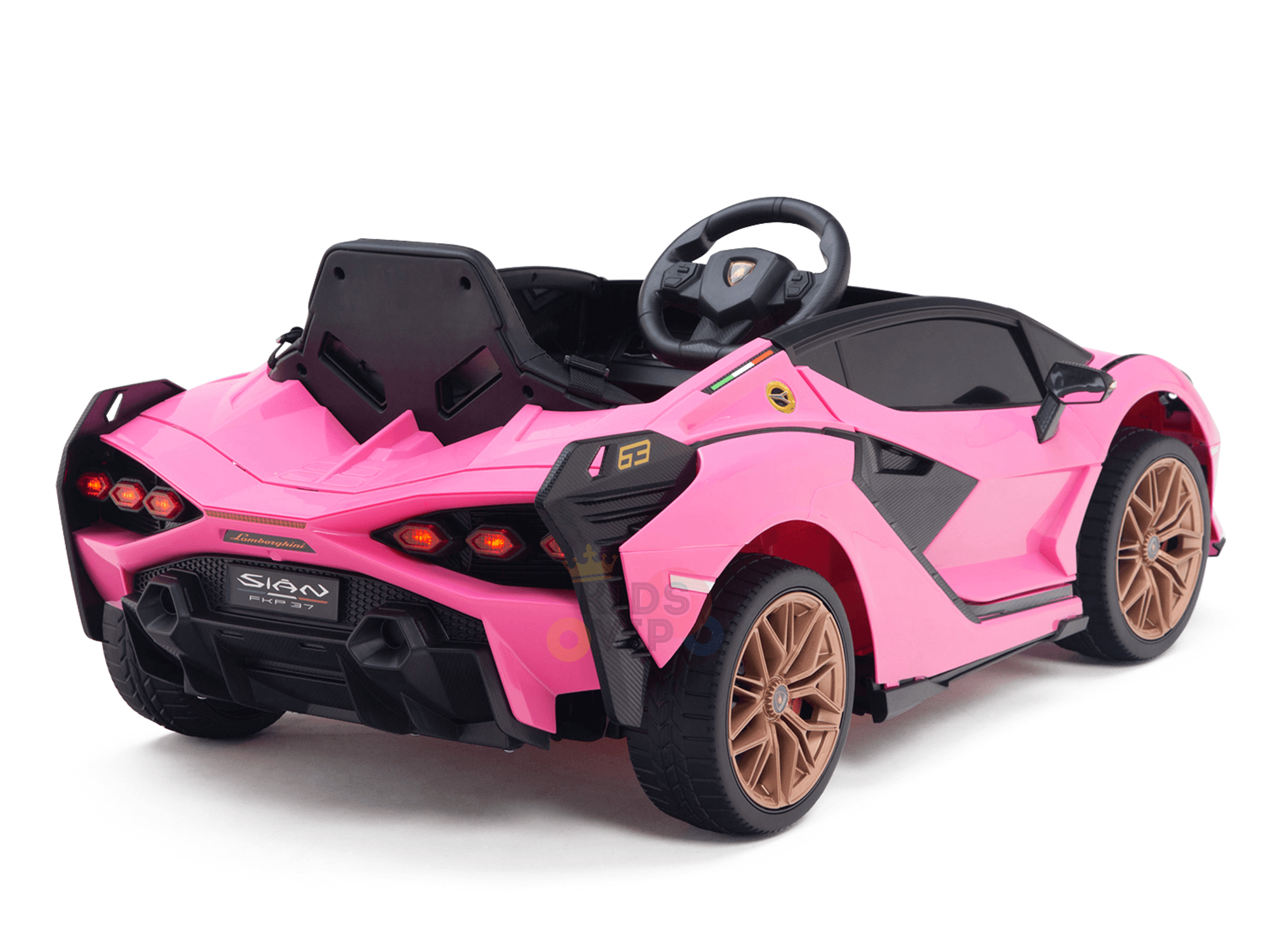 The Official 12V Sport Edition Lamborghini Sian Kids and Toddlers Ride On Car is shown from the back in pink with black accents and golden wheels. It has a detailed interior, steering wheel, rear lights, branding on the body, and runs on a powerful 12V battery.