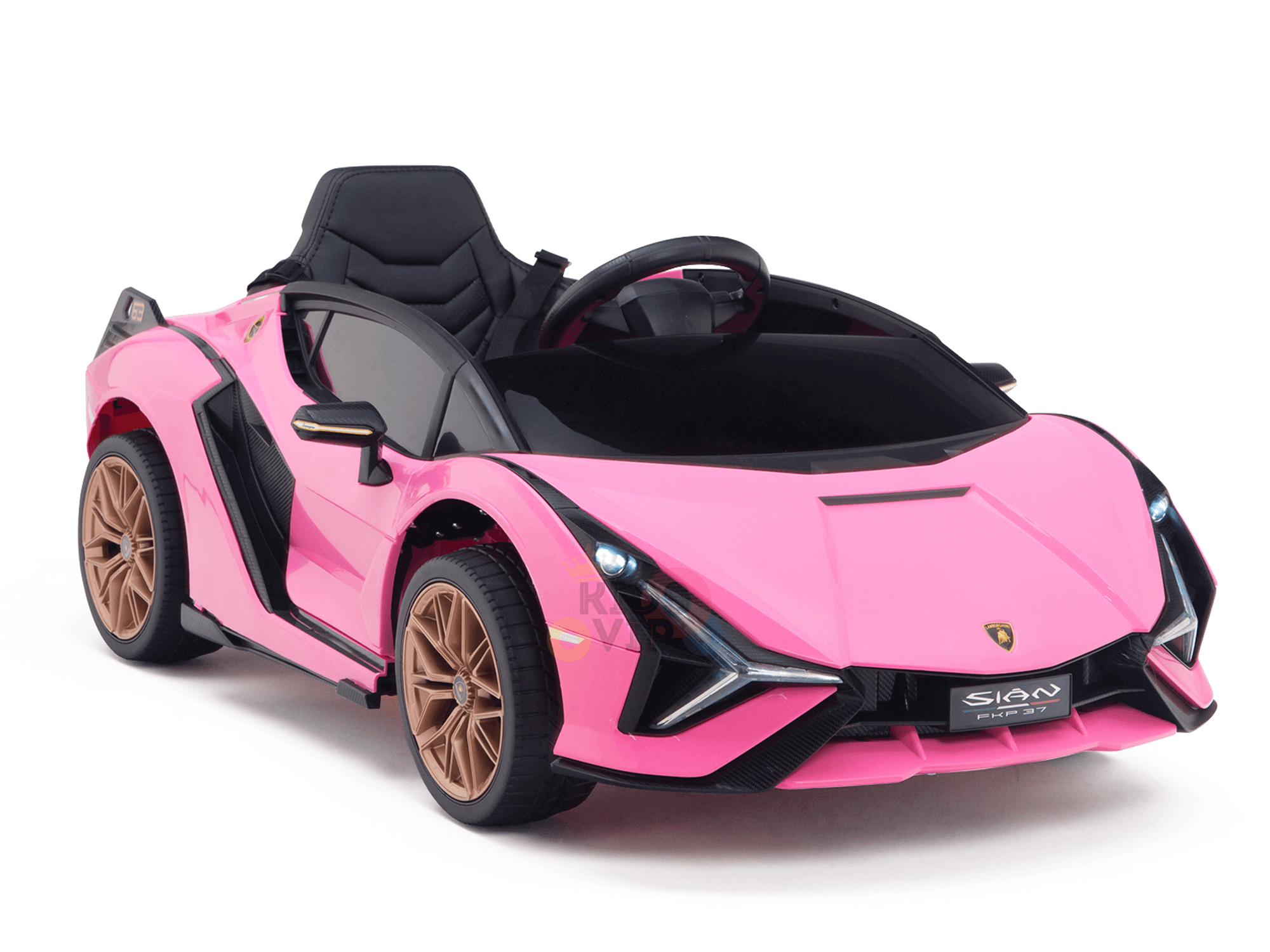 The Official 12V Sport Edition Lamborghini Sian Kids and Toddlers Ride On Car in pink features a sporty design with a sleek body, black seat, and gold wheels. It includes realistic headlights, side mirrors, and the brand logo on the front.
