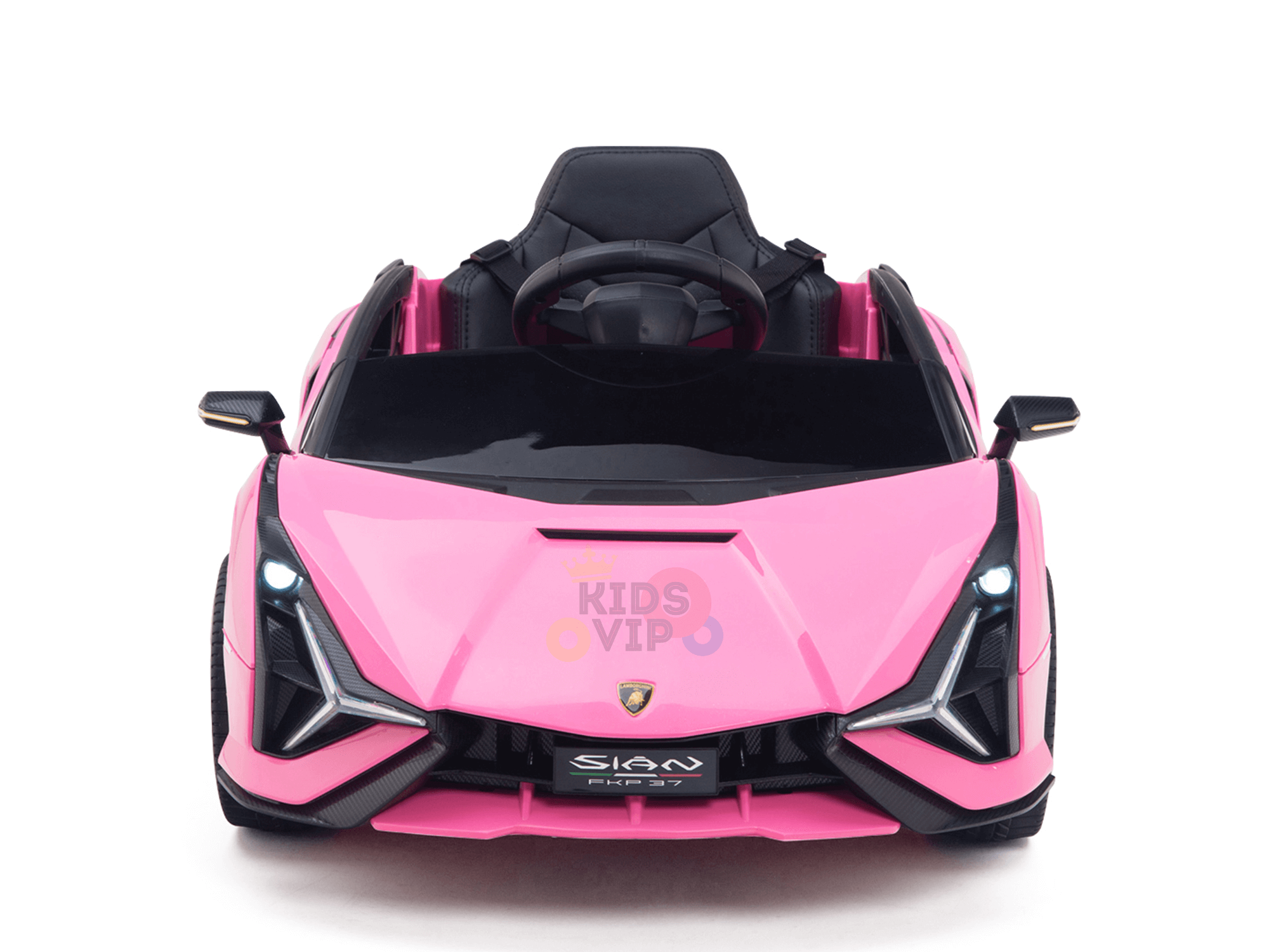 The Official 12V Sport Edition Lamborghini Sian Kids and Toddlers Ride-On Car features a sleek pink design with black accents, LED headlights, and a KIDS VIP logo on the hood. It boasts an open cockpit with a black steering wheel for an exhilarating ride experience.