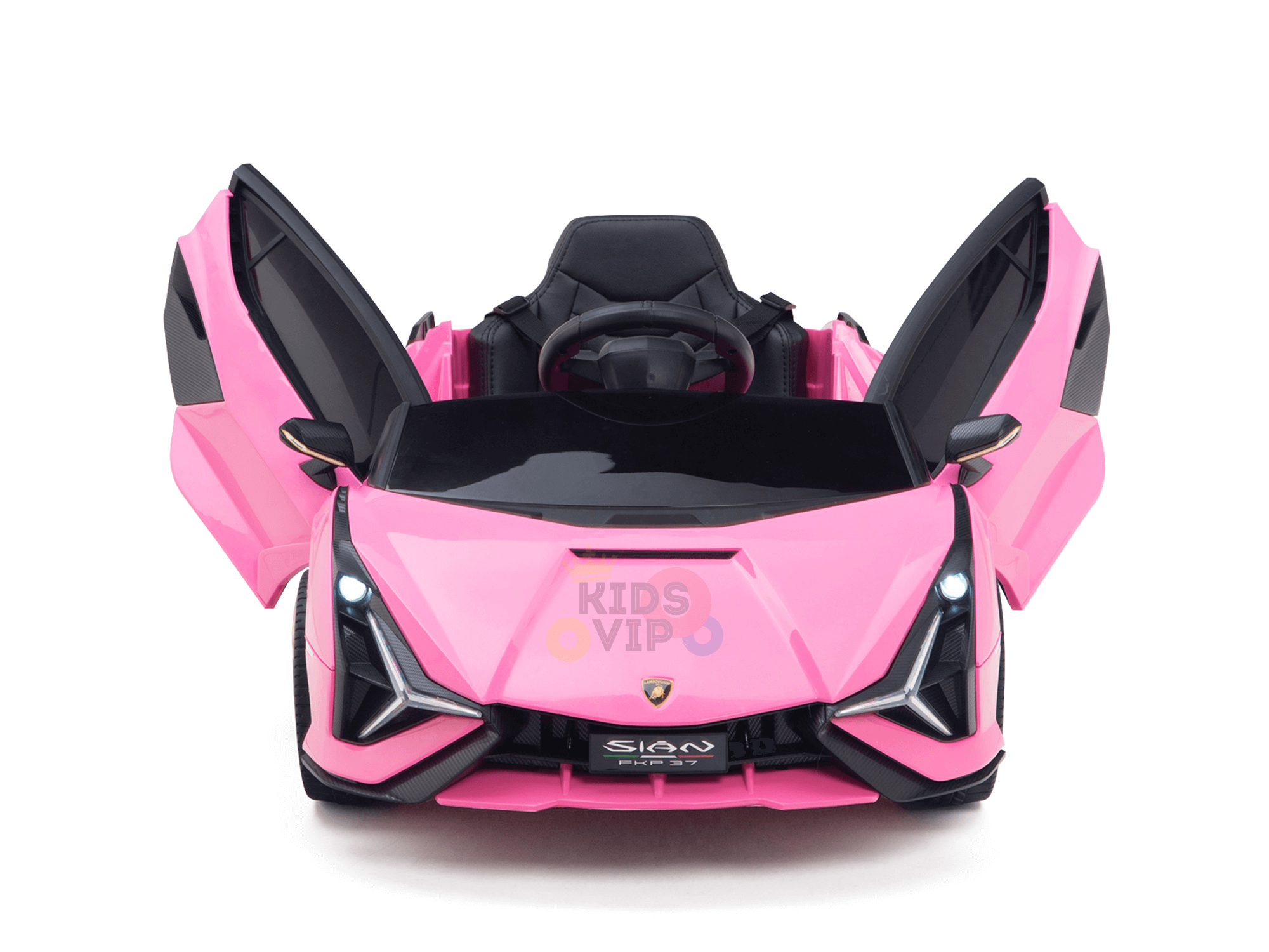 The Official 12V Sport Edition Lamborghini Sian Kids and Toddlers Ride On Car, in pink, features open scissor doors, realistic front headlights, a steering wheel, and Kids VIP branding on the front.
