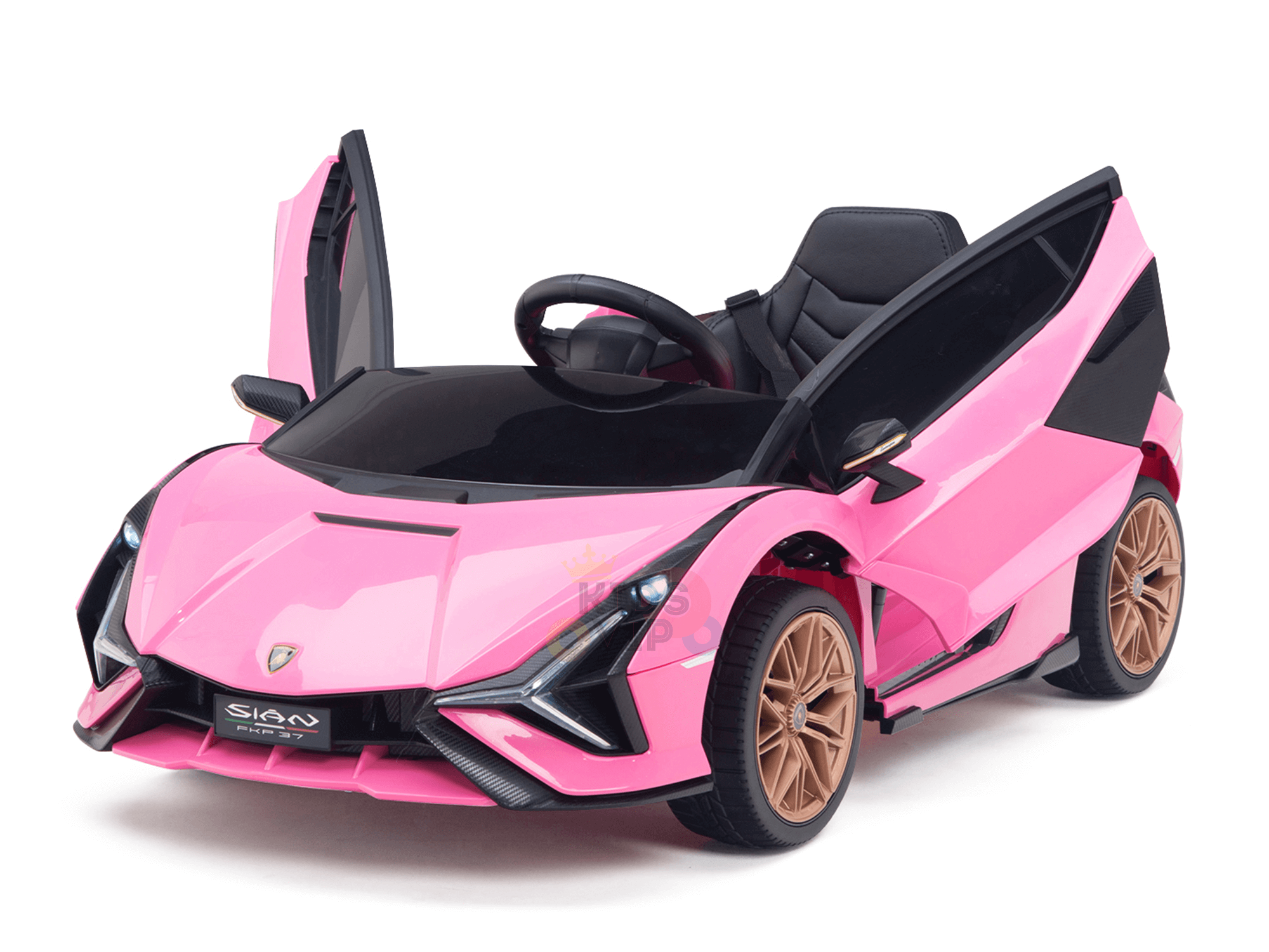 The Official 12V Sport Edition Lamborghini Sian Kids and Toddlers Ride On Car is a pink miniature with sleek sports car styling. It boasts scissor doors, black interior, gold wheels, detailed headlights, a visible steering wheel, and is powered by a 12V battery for an authentic driving experience.