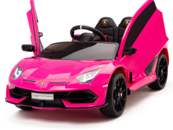 The Pink 12V Lamborghini SVJ Sport Kids Licensed 1 Seater Ride On Car features stunning butterfly doors, detailed headlights, a steering wheel, and black seats. This eye-catching toy is perfect for thrill-seeking kids and is displayed strikingly against a plain white background.